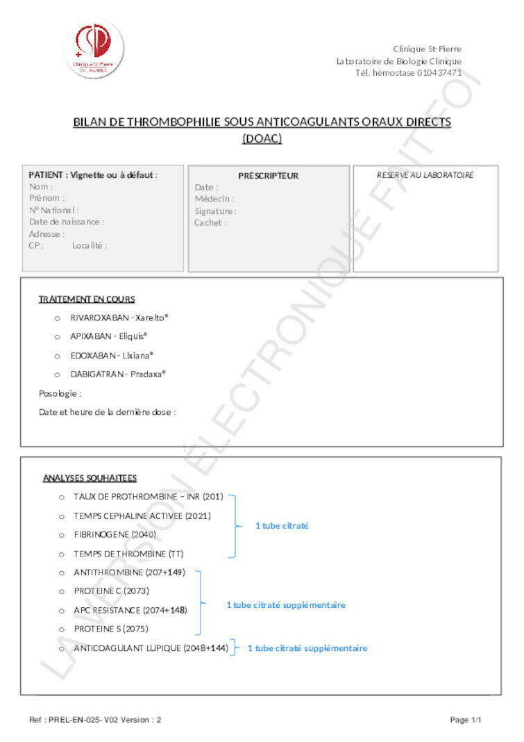 BILAN DE THROMBOPHILIE SOUS ANTICOAGULANTS ORAUX DIRECTS